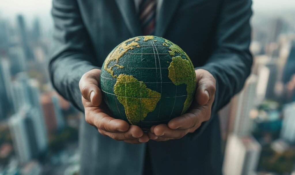 Manos de un empresario sosteniendo un pequeño globo terráqueo cubierto de vegetación frente a una ciudad moderna, símbolo de negocios sostenibles, responsabilidad ambiental y modelos empresariales de triple impacto.